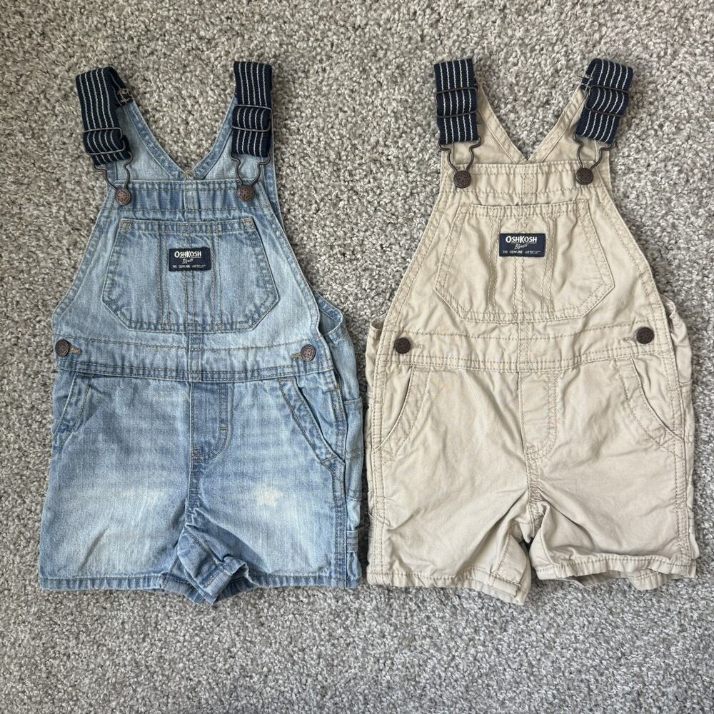 OshKosh B’gosh Toddler Overalls Lot of 2 Cargo Utility Denim Khaki 18M VESTBAK